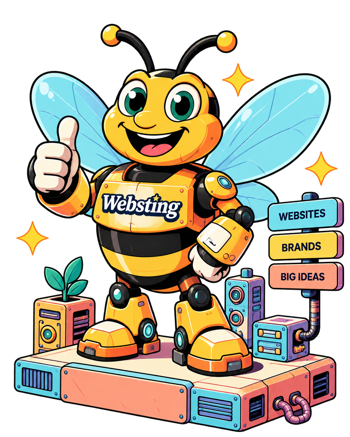 The robotic Websting bee giving a thumbs-up
